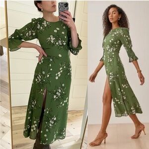 REFORMATION Carolena Dress Green Floral MIDI Slit Lomita 10